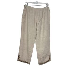 Vtg Jillian Jones 8 100% Linen Floral Embroidered Beige Coastal Grandma Pants
